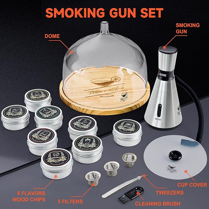 Elegant Cocktail Smoker Kit - Complete Whiskey Drink Smoking Gun with 8 Flavors of Wood Chips, Dome, and Accessories, Adds Flavor to Food and Drinks, Infuser Kit for Indoor Outdoor Use