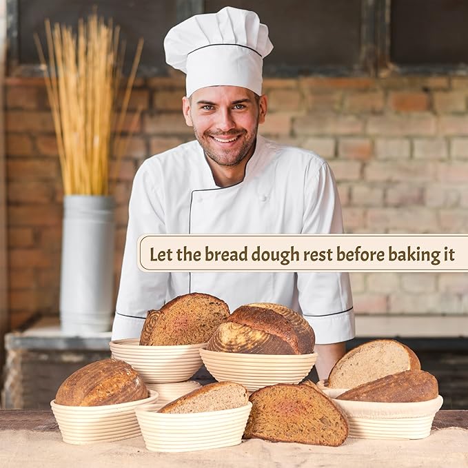 Sourdough Bread Baking Supplies Starter Kit, Banneton Proofing Basket 9'' Round and 10” Oval, Sourdough Starter Jar, Scraper, Scoring Lame, Brush, Short Danish Whisk, Gift Set