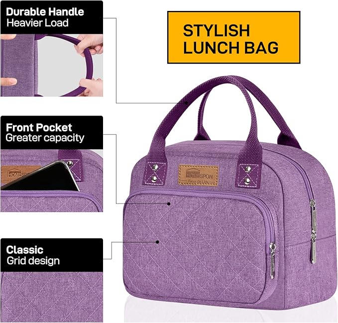 HOMESPON Lunch Bag for Woman Man Adults with Front Pocket Insulated Lunch Tote Lunch Box Container for Work Picnic or Travel(Purple)