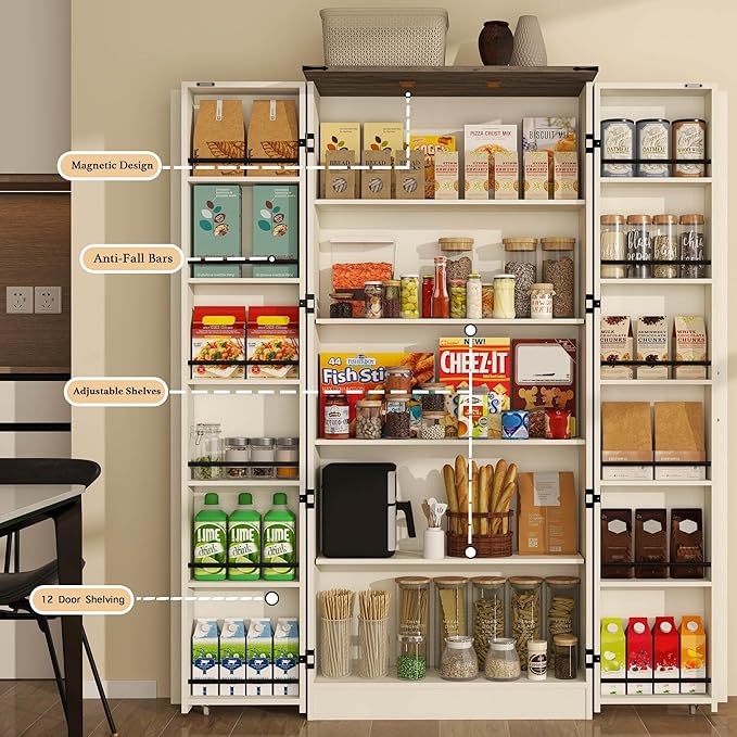 Tall Kitchen Pantry Cabinet: Food Pantry Cabinets for Kitchen Storage, Off White Wood Storage Cabinet with 2 Doors, Farmhouse Cabinets with Freestanding Cupboard