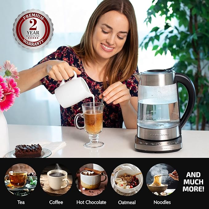 OVENTE 1.7L Electric Tea Kettle with Removable Infuser, Variable Temperature Control, Keep Warm Function, 1500W Fast Heating Water Boiler, BPA Free Borosilicate Glass & Easy to Fill Lid, Silver KG733S