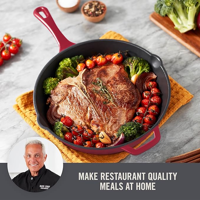 DASH Zakarian 11 Inch Small Nonstick Cast Iron Skillet with Pour Spouts for Searing, Baking, Grilling, Roasting and More - Cranberry