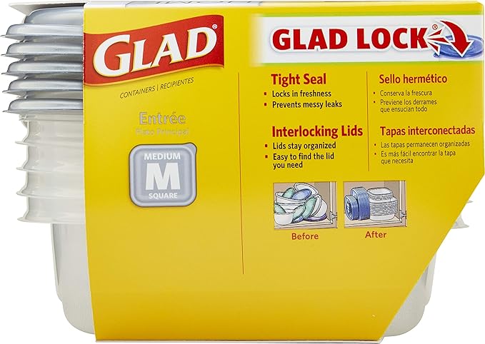 GladWare Home Entree Food Storage Containers, Medium Square Holds 25 Ounces of Food, 5 Count Set |With Glad Lock Tight Seal, BPA Free Containers and Lids