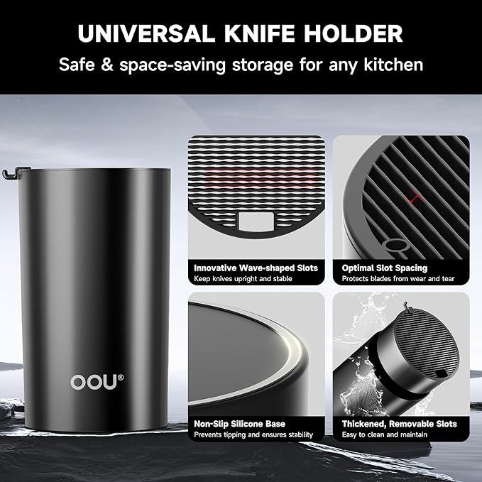 OOU Knife Set with Block and Sharpener, 6 Pcs High Carbon German Steel Kitchen Knife Block Set with Universal Knife Holder, Dishwasher Safe Knife Set for Small Kitchen, Space-Saving, Anti-Rust