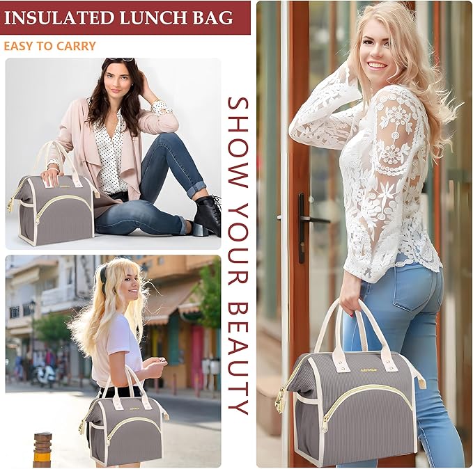 LOKASS Lunch Bag Women Insulated Lunch Box Wide-Open Lunch Tote Bag Large Cooler Bag for Work Picnic Hiking Beach（Dark Gray）