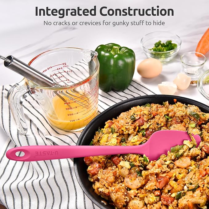 Heat Resistant Silicone Spoon Spatula: U-Taste 600ºF High Heat Flexible 11.38in Silicon Mixing Stirring Cooking Scraping Baking Bowl Scraper, Seamless for Kitchen Nonstick Cookware (Rosy Pink)