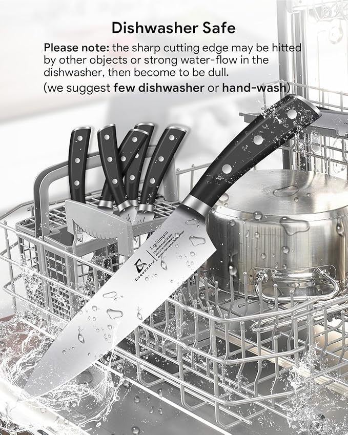 Knife Set, Kitchen Knife Block Sets with Sharpener, 6 Steak Knife Set Serrated with Block, 15 PCS Forged German Stainless Steel Rust Proof Knives, Dishwasher Safe Black, New Beveled Design