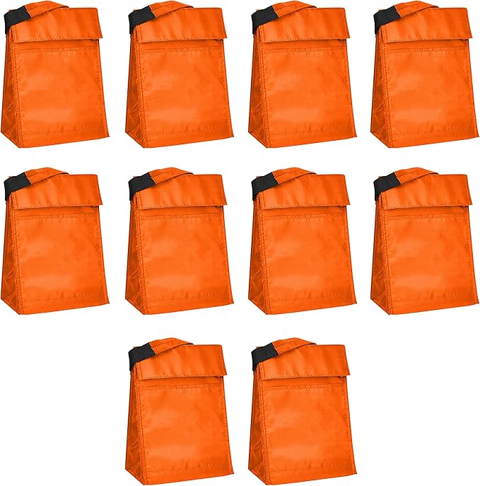 DISCOUNT PROMOS 10 Hook and Loop Insulated Lunch Bags Set - Polyester, Durable, Vibrant, Reusable - Orange