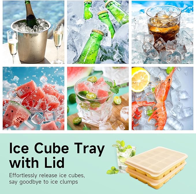 Tvmania Ice Cube Trays Set of 2, Easy Release 15 Flexible Silicone Ice Cube Molds with Removable Lid Reusable Freezer Ice Trays Stackable for Whiskey, Baby Food, BPA Free (yellow)