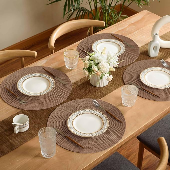 FunWheat Round Braided Placemats Set of 6 Place mats for Dining Tables Woven Heat Resistant Table Mats 15 inch (Brown,6pcs)