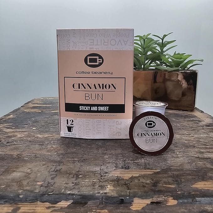 Coffee Beanery Cinnamon Bun Decaf Pods | 12ct Flavored Medium Roast | 100% Specialty Arabica | Gourmet