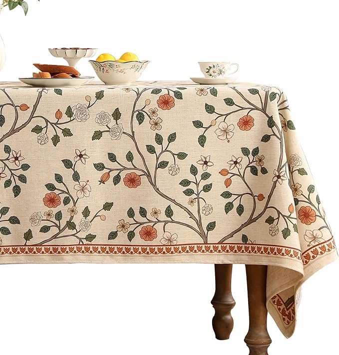 ISAENNE Designer Floral Long Rectangular Tablecloth,French Linen Light Beige Indoor Table Cloth,Fall Wrinkle Resistant Decor Tablecloths for Dining Thanksgiving Kitchen Party,63"*94"-Flora A