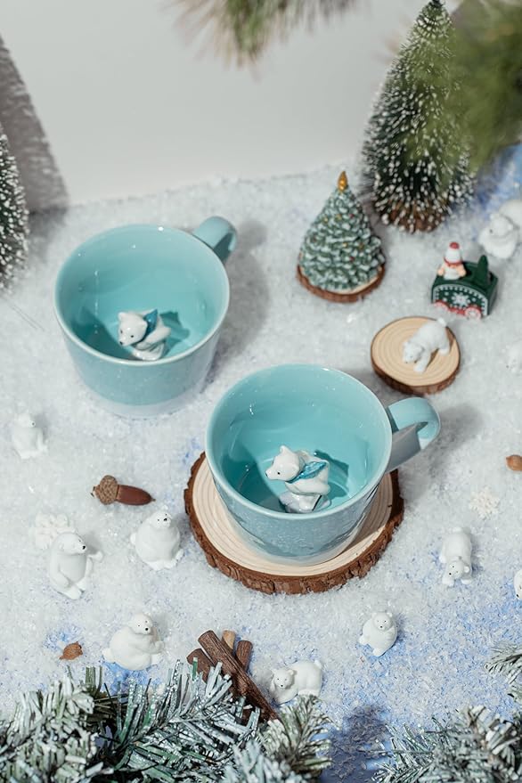 DIHOclub Skiing Polar Bear Ceramic Cup Hidden Animal Inside Mug Cute Cartoon Handmade Figurine Mugs,Holiday and Birthday Gift for Coffee Milk Tea Lovers,12 OZ(Blue White)
