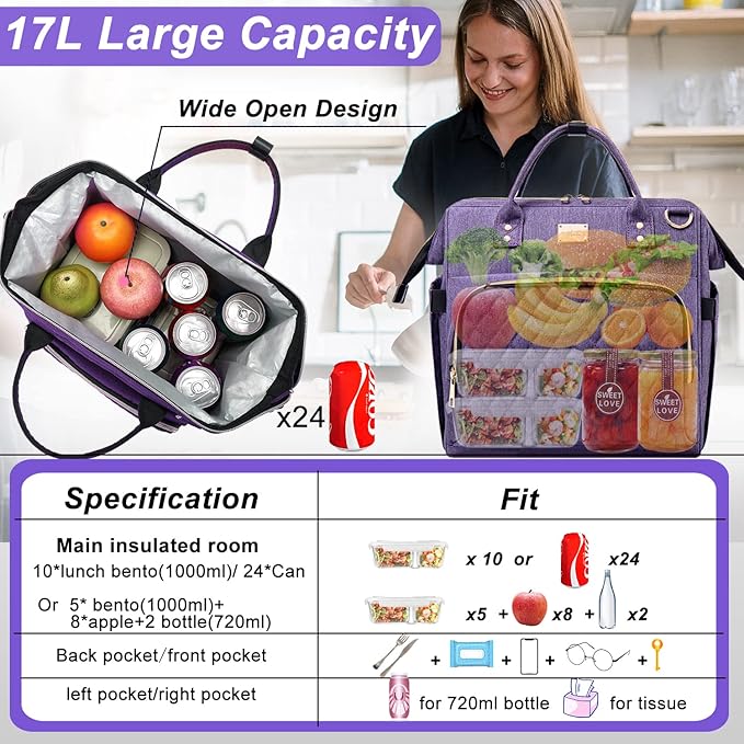 Weitars Lunch Bag for Women Cute Lunch Bag For Work,Insulated LunchBox Lunch Purse Leakproof Wide-Open Lonchera Lunchbag Lunch Tote With Pockets And Adjustable Strap For Office Picnic Beach