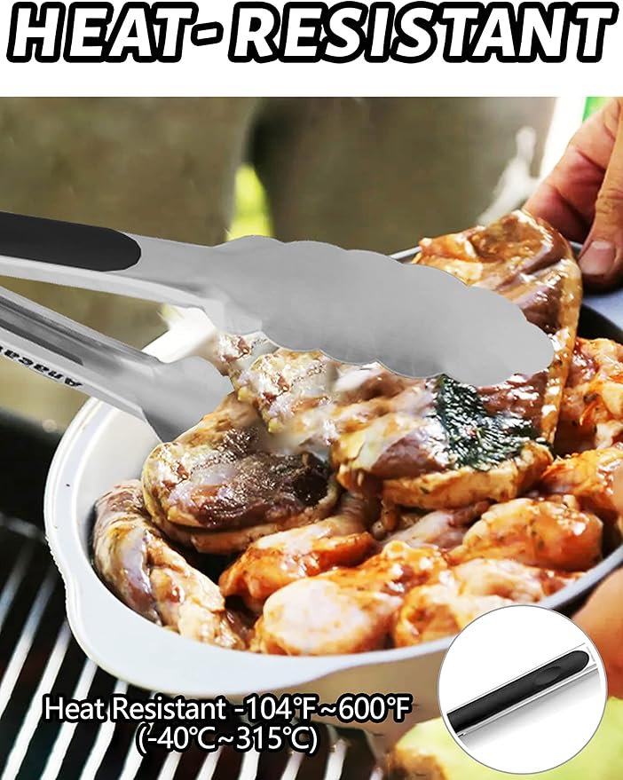 Anaeat 3 Pack 7" Mini Stainless Steel Cooking Tongs - Sturdy Coiled Spring Locking Kitchen Food Tong with Non-Slip Silicone Grip for Serving, Cooking, Baking - Heat Resistant up to 480°F (Black)