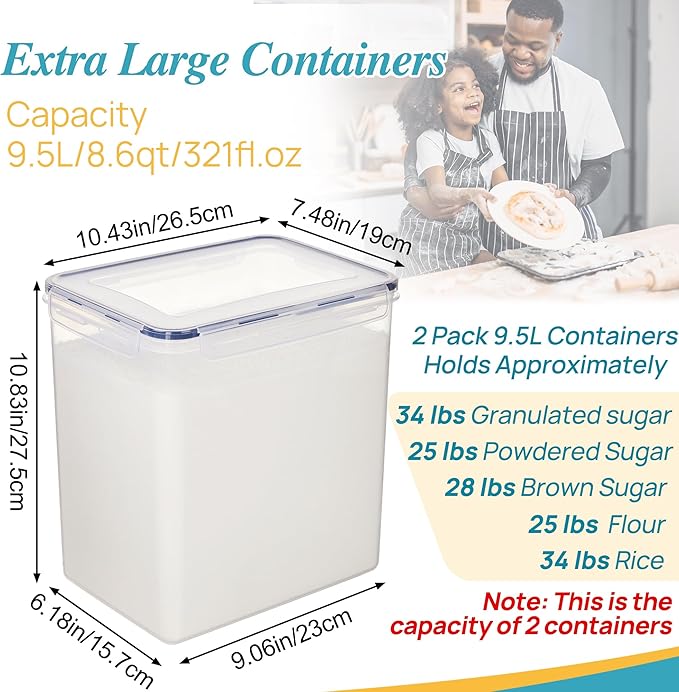 Vtopmart 9.5L 2 Pack Extra Large Flour Sugar Storage Containers for 25lbs flour, Airtight Kitchen Pantry Organization Canisters with Lids for Bulk food, Rice, Baking Supplies, BPA Free, Black