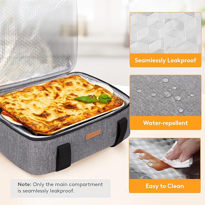 LUNCIA Insulated Casserole Carrier for Hot or Cold Food, Lasagna Lugger Tote for Potluck Parties/Picnic/Cookouts, Fits 8"x11" Baking Dish, Grey