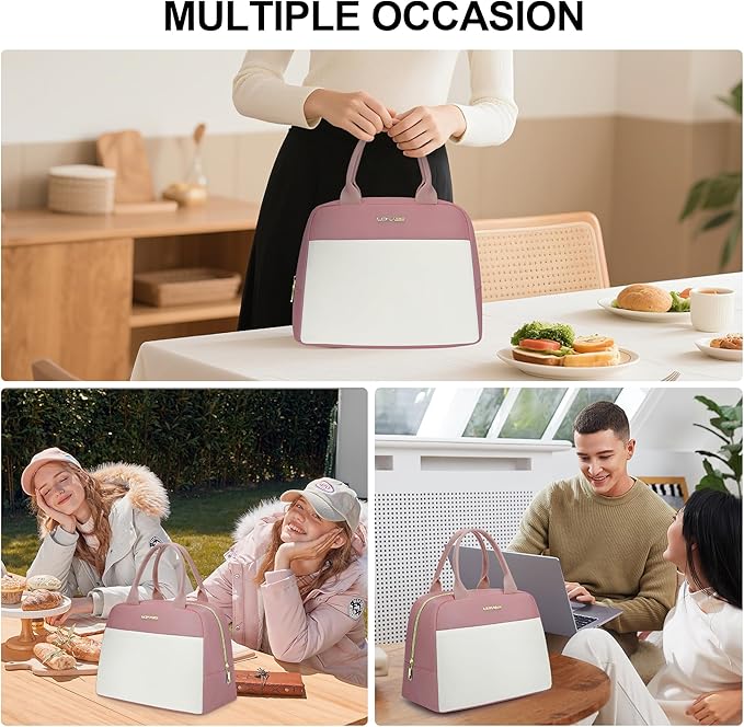 LOKASS Lunch Bag for Women-Insulated Adults Lunch Box with Front Pocket- Small Cute Lunch Tote for Work-Reusable Cooler Bag for Office Picnic Beach or Travel (Pink Purple)