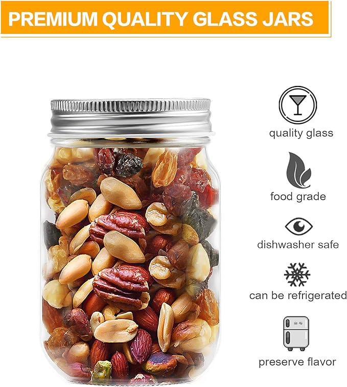 12oz Glass Jars With Lids Regular Mouth 20 Pack -Mason Jars 12 oz For Crafts, Meal Prep, Canning Jars For Food Storage Frascos De Vidrio Con Tapa Para Conservas-with 20 Chalkboard Stickers-Silver Lid