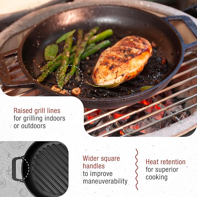 Victoria Cast Iron Round Grill Pan with Double Loop Handles, Made in Colombia, 10 Inches