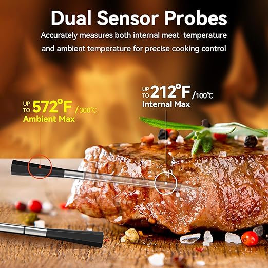 Smart Wireless Meat Thermometer with Ultra-Thin Probe, 820FT Unlimited Range Bluetooth Meat Thermometer, Digital Food Thermometer for Remote Monitoring of BBQ Grill, Oven, Air Fryer