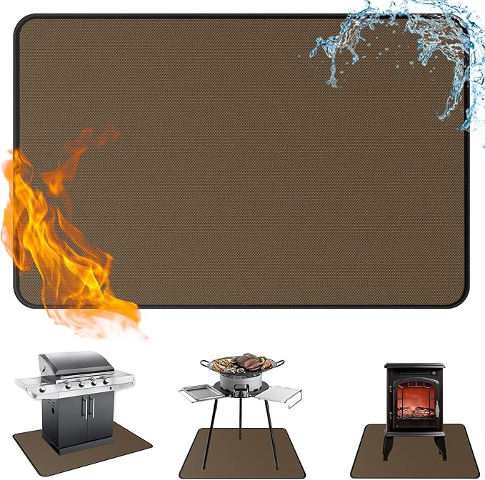 Anze Under Grill Mat for Outdoor Grill, 24x42 Inch Anti-Slip BBQ Floor Mats, Easy to Clean Reusable Fireproof Grill Pad, Oil-Proof Waterproof Protector for Indoor Fireplace Pit Mat Brown