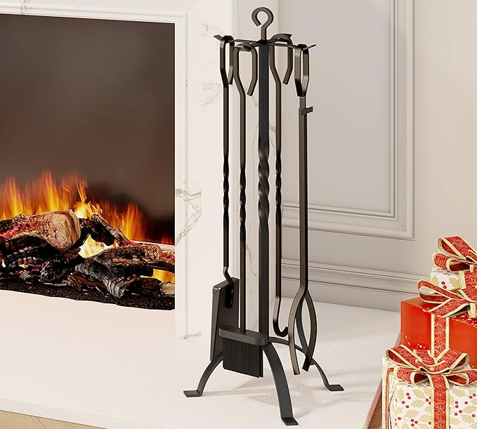 Fire Beauty 5 Pieces Fireplace Tools Sets Fireplace Accessories Tools Holder with Handles Tools for Indoor Fireplace Decor Outdoor Fire Pit Modern Tool(Sanded Black)