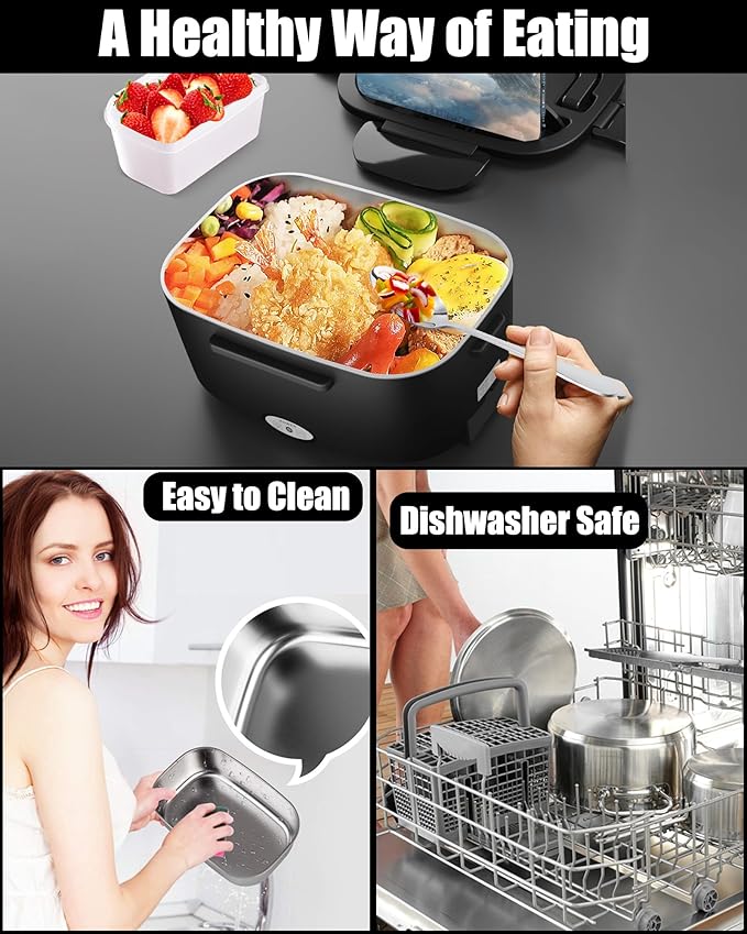 Buddew Electric Lunch Box for Adults, 80W Heated Lunch Box with Dual 1.5L Stainless Steel Portable Food Warmer,12/24/110V Lonchera Electrica Portatil for Travel&Work, Loncheras para Hombres de Trabajo