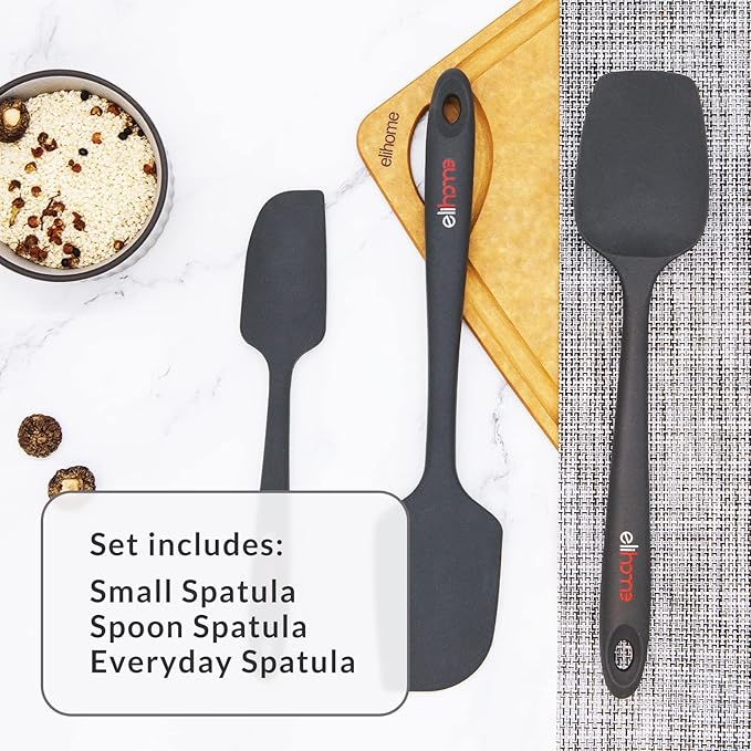 Elihome Chef Series 3 Piece Silicone Spatula Set - 600°F Heat Resistant Non Stick Rubber Kitchen Scraper Spatulas for Cooking, Baking, and Mixing – BPA Free and LFGB Certified Silicone (Grey)