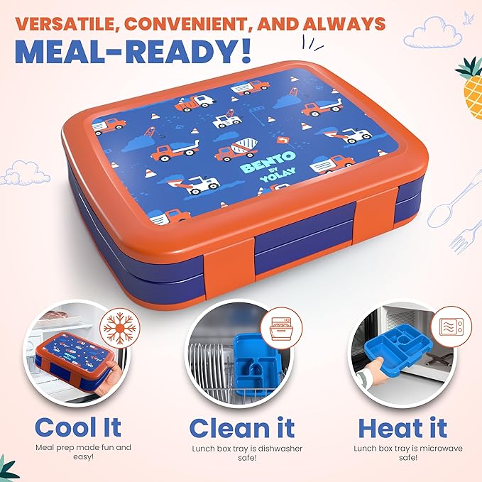 YOLAY Bento Box for Kids Lunch Box Leak-Proof, 5-Compartment Lunch Box Kids for Ages 3-10, Durable with Anti-Slip Base, Suitable for Schools, Outdoor and Travel (Trucks)