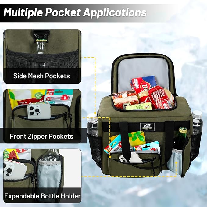 MIER Large Lunch Box for Men Women Adult Insulated Soft Sided Cooler 30 Can Leakproof Lunch Bag Collapsible for Work Travel Camping Beach, 18L (Army Green-No Luggage Strap)