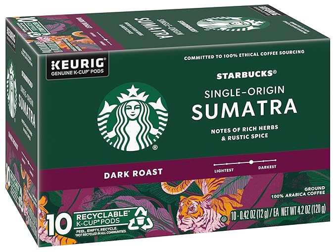 Starbucks Coffee Company Starbucks Single-Origin Coffee K-Cup Pods, Sumatra, Dark Roast Ground Coffee K-Cups for Keurig Brewing System, 100percent Arabica Coffee, 10 CT K-Cups/Box (Pack of 2 Boxes)
