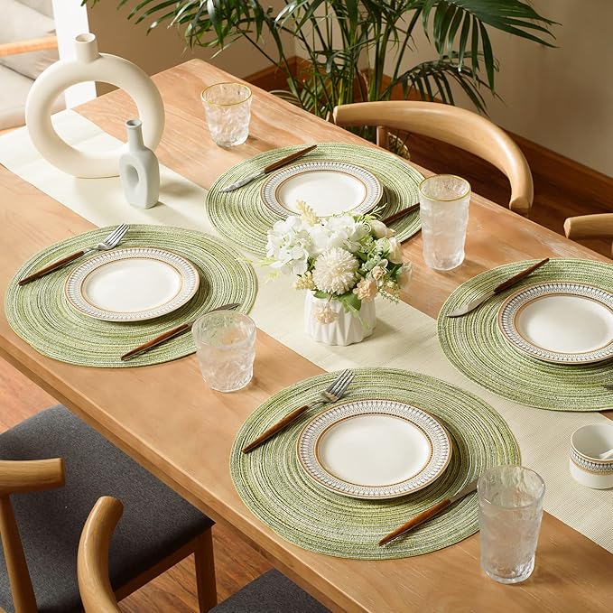 FunWheat Round Braided Placemats Set of 8 Place mats for Dining Tables Woven Heat Resistant Table Mats 15 inch(E Light Green, 8pcs)