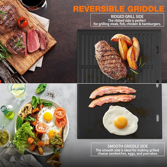 Onlyfire Universal Cast Iron Griddle, Reversible Cooking Griddle for Gas/Charcoal Grills, 19.1" x 15.7"