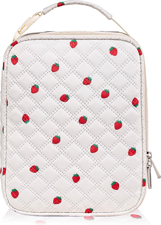 TuErCao Cute Strawberry-Print Lunch Box Kids for School, Compact Reusable Tote LunchBox for Girls for School, Office, Picnic, Lightweight Small Lunch Bag Fits Bento Boxes, Snack and Foods