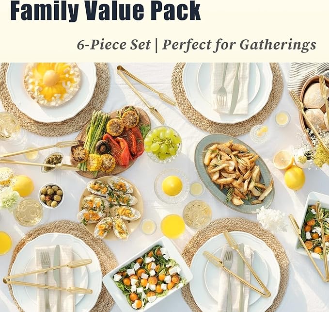6 Pack Gold Serving Tongs 9 Inch Duty Durable Metal Food Tong, Stainless Steel Tongs for Serving Food, Weddings Parties Family Gatherings Kitchen Cooking Serving Clip