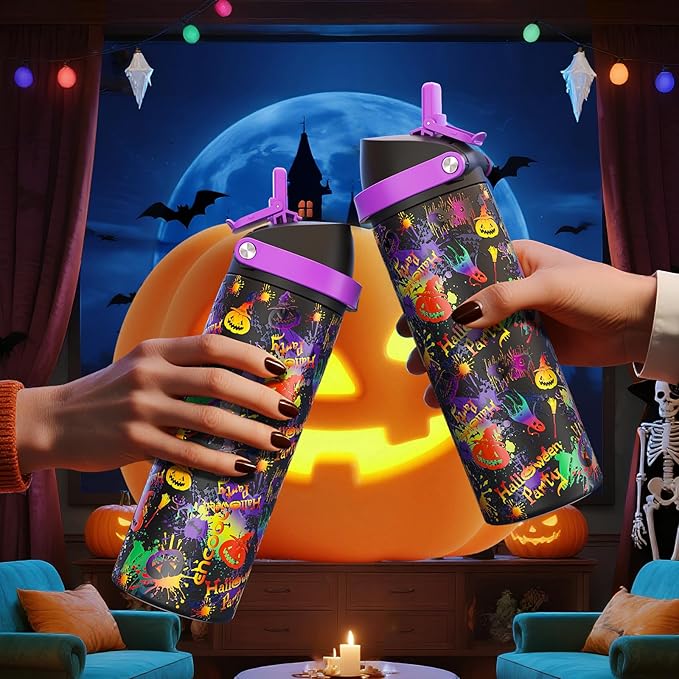 Halloween Insulated Water Bottle with Straw - Stainless Steel Water Bottle with Push Button Lid, Leak-Proof BPA-Free, Keeps Cold for 24 Hours for Halloween gifts, Party (32 oz, Ghost Party)