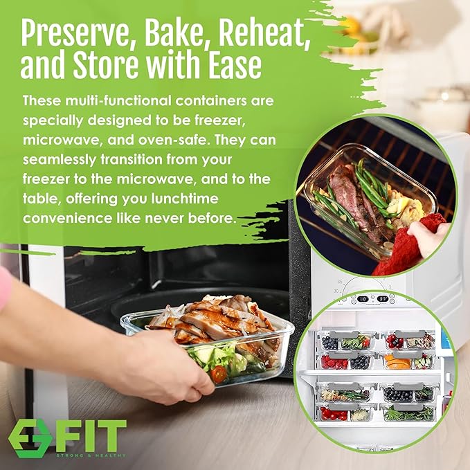 FIT Strong & Healthy Meal Prep Containers Glass, 1 & 2 & 3 Compartments – Portion Control Bento Box Adult, Glass Lunch Containers with Lids, Oven & Freezer Safe Bento Box, 35 oz, Gray, 3 Pack