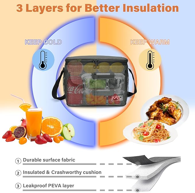 Tirrinia Insulated Lunch Bag for Women Men, Leakproof Lunch Box Containers for Adult, Work, School, Soft Lunchbox for Kids,Boys, Adult Cooler Bag for Picnic Hiking Beach,Charcoal