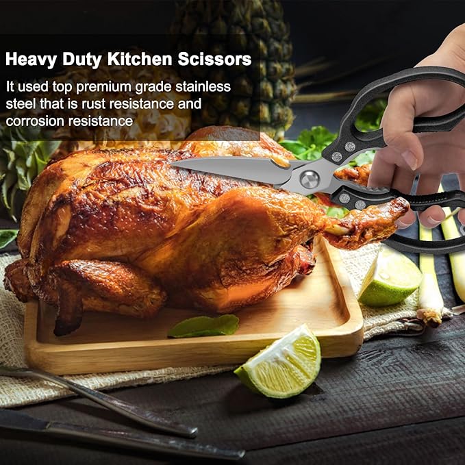 CGBE Kitchen Scissors All Purpose Heavy Duty, Ultra Sharp Stainless Steel Kitchen Shears Dishwasher Safe, Cooking Shears for Chicken, Poultry, Fish, Meat, Herbs & Grapes with Non-Slip Grips - Black