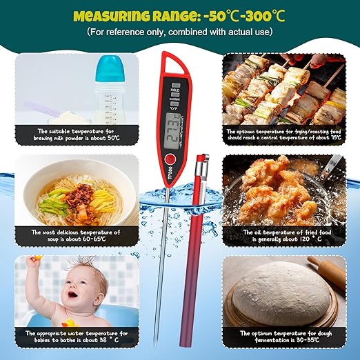10 Set Waterproof Food Thermometer for Water, Liquid, Candle and Cooking Digital Meat Thermometer with Long Probe Instant Read for Kitchen BBQ Grill Candy (Red)