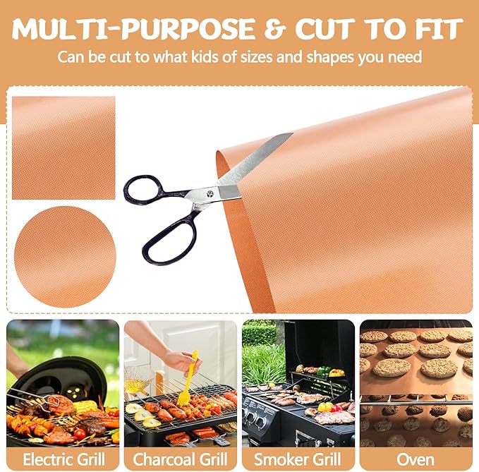 Copper Grill Mats for Ourdoor Grill Set of 6,Heavy Duty Non-Stick BBQ Grill Mats,Reusable & Easy to Clean for Gas,Charcoal & Electric Grills-15.75 x 13 Inch