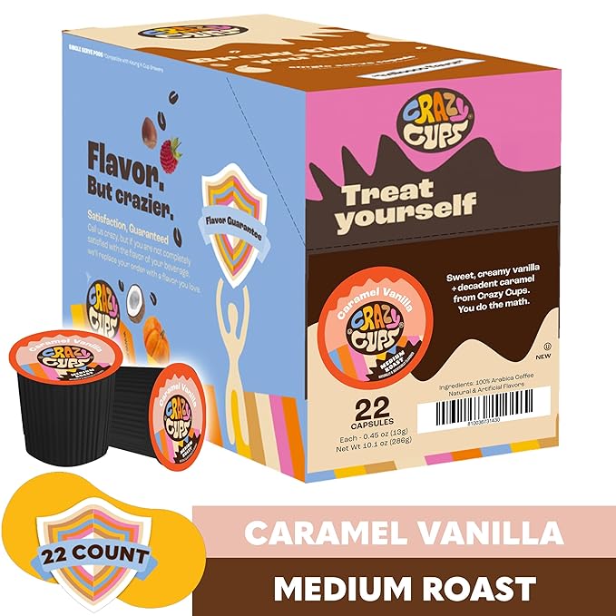 Crazy Cups Flavored Coffee Pods, Caramel Vanilla, Single Serve for Keurig K Cups Machines, Medium Roast in Recyclable Pods(Pack of 1, 22 Count Total)