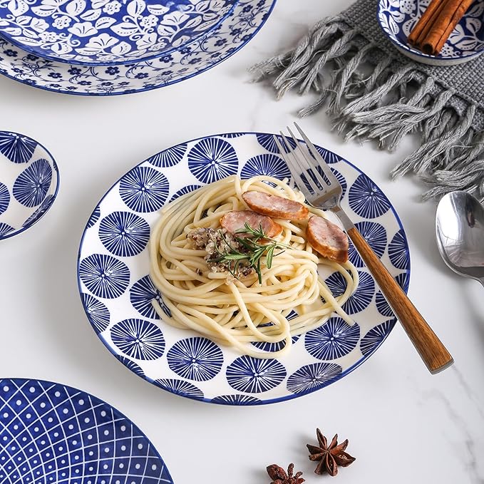 Selamica Ceramic Dinnerware Sets for 6, 18 Pieces Plates and Bowls Set, Scratch Resistant Dishes Set, Dishwasher&Microwave Safe, Vintage Blue