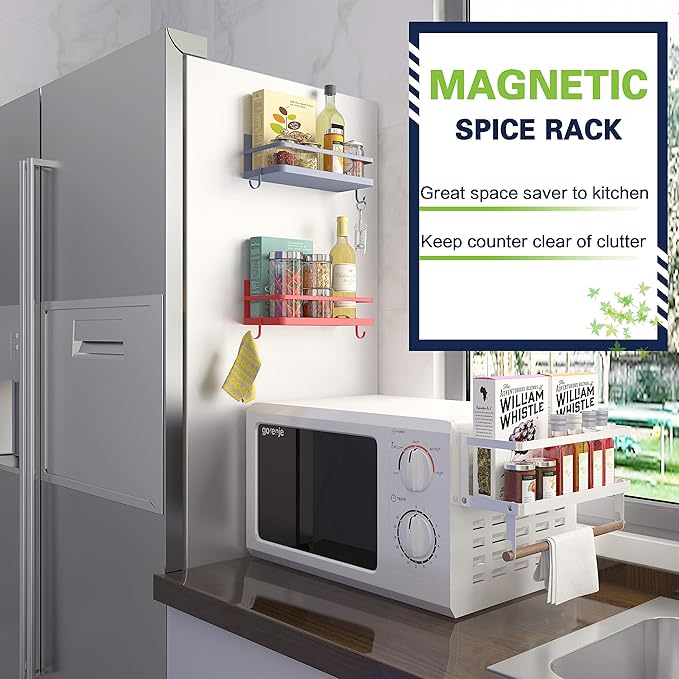 Thipoten Magnetic Spice Rack, Strong Magnetic Shelf with 2 Removable Hooks, Perfect Space Saver for Small Kitchen/Apartment, Awesome Metal Cabinet for Holding Spices, Jars, Bottle, Beve(Red, 2Pack)