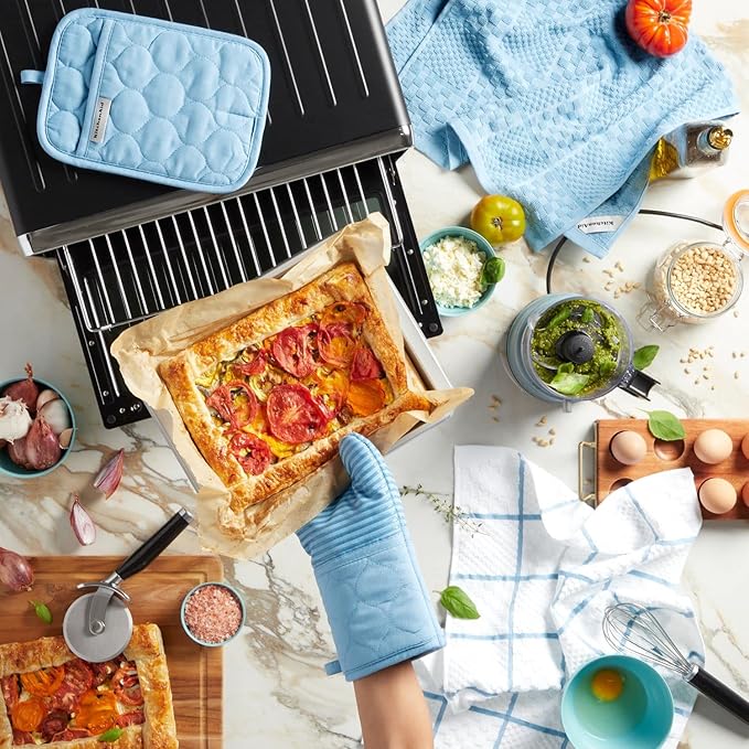 KITCHENAID Quilted Cotton Terry Cloth Oven Mitt, Pot Holder, Kitchen Towel 4-Pack Set, Heat Resistant, Silicone Grip, Gift Set, Blue Velvet, 16"x26", 7"x13" & 7"x10"