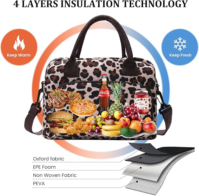 MEXS Lunch Bag for Women Men Large Insulated Reusable Lunch Box Girls Leopard Water Resistant Portable Cooler Tote Bag for Work Picnic
