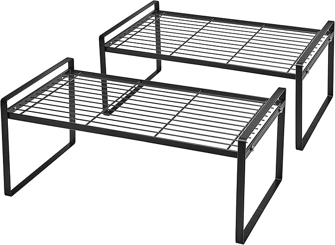 2Pack Cabinet Shelf Organizer Storage Rack Space Saving for Kitchen Counter Pantry Bathroom Cupboard Under Sink Office Table Desk Steel Stackable Rust Resistant Heavy Duty Nonslip 16” Black