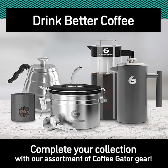 Coffee Gator Stainless Steel Canister - Medium 16oz, Gray Coffee Grounds and Beans Container with Date-Tracker, CO2-Release Valve, and Measuring Scoop - Ideal Coffee Lovers Gifts