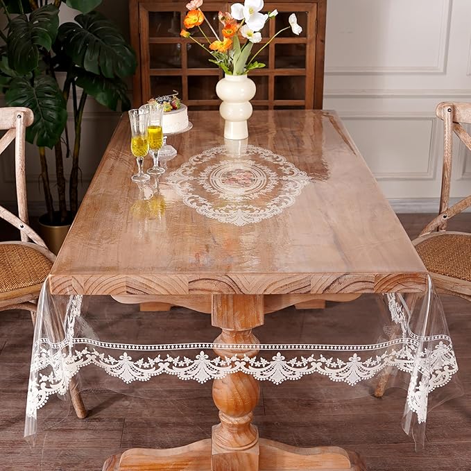 Clear Table Cover Protector Rectangle Vinyl Table Cloth Waterproof Oil Spill Proof Wipe Clean Lace Plastic Tablecloths for Dining Tables (French Lace, 60 x 84 Inches)
